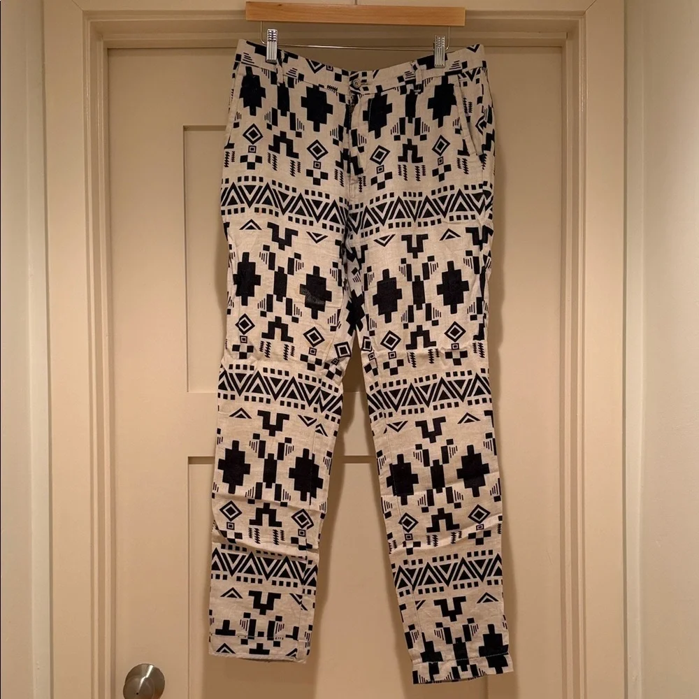 ZARA Tribal Print Linen Pants Men’s 32x31 Beige Black Boho Festival Summer